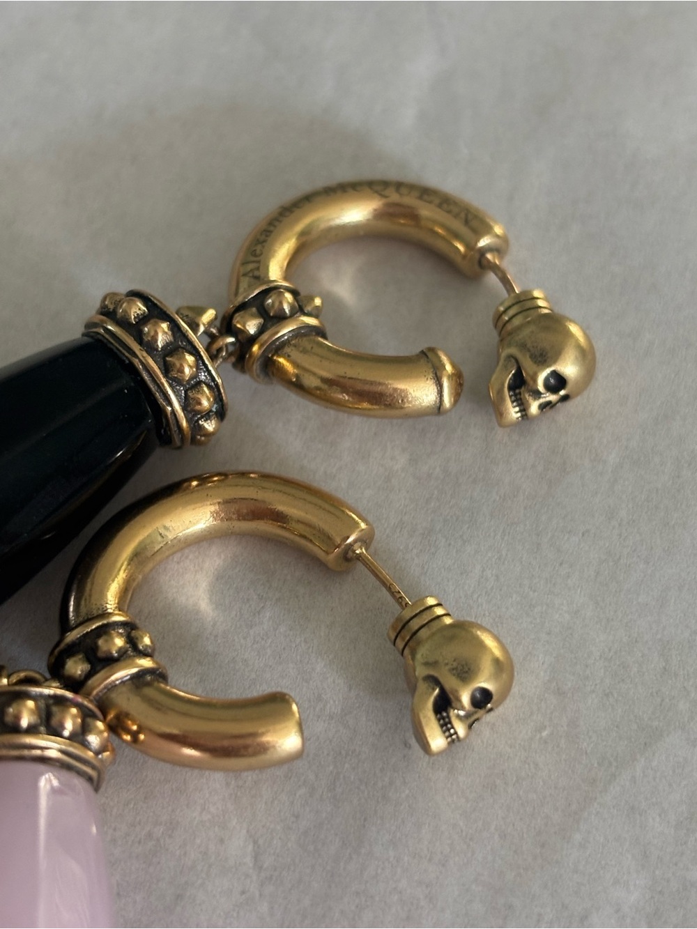Alexander McQueen Gold Hoop Earrings with Pink and Black Teardrops - Picture 5 of 6